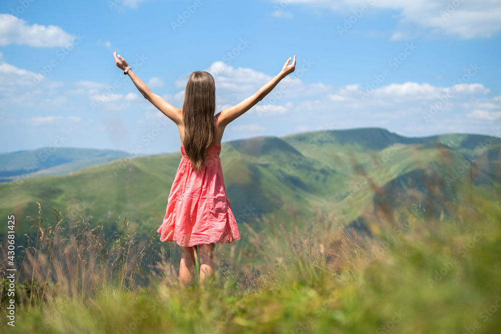 Young woman in red dress standing on grassy meadow on a windy day in summer mountains raising up her hands enjoying view of nature. Young woman in red dress standing on grassy meadow on a windy day in summer mountains raising up her hands enjoying view of nature.