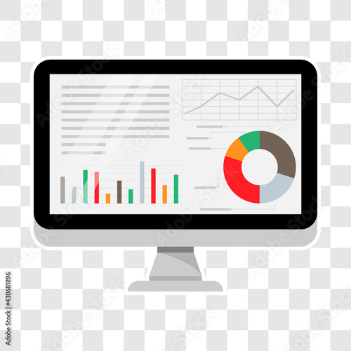 Computer screen with business graph data, analysis trends, financial strategy, statistics, and infographic chart icons. Transparent background. Vector illustration.