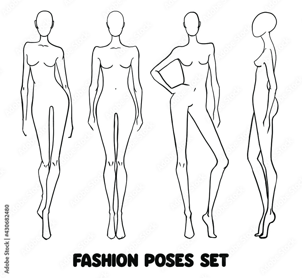 Set of four shapes in fasion illustration style in lines on a white background. Model in full face, profile, with support on one leg, walking on the catwalk. Used for clothing sketches, in web design Set of four shapes in fasion illustration style in lines on a white background. Model in full face, profile, with support on one leg, walking on the catwalk. Used for clothing sketches, in web design