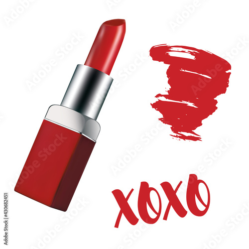 Realistic illustration of red lipstick on a white background. Red lipstick mark and xoxo inscription. Red and silver packaging. Gradient mesh style. Can be used in web design, checklist, manuals, pri