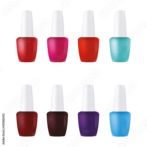 Illustration set of nail polish of different colors - red, pink, orange, mint, terracotta, brown, purple, blue. Gradient mesh style. Can be used in web design, checklist, manuals, printing.