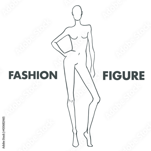 Fashion illustration of the figure of the model with support on one leg. Hand on the hip. Line sketch on a white background. Can be used to showcase clothes, in web design, clothing design, printing.