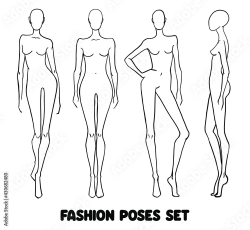 Set of four shapes in fasion illustration style in lines on a white background. Model in full face, profile, with support on one leg, walking on the catwalk. Used for clothing sketches, in web design