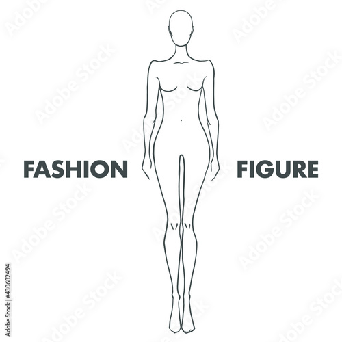 Fashion illustration of the model's figure in full face with support on two legs. Symmetry. Line sketch on a white background. Can be used to showcase clothes, in web design, clothing design, printing