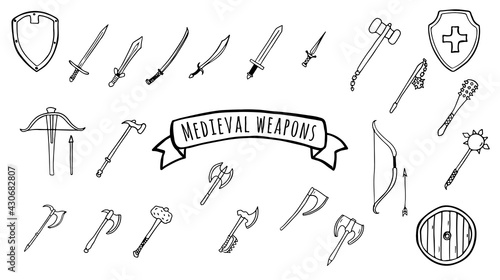 Medieval weapon set of swords, axes, hammers, shields in doodle style isolated