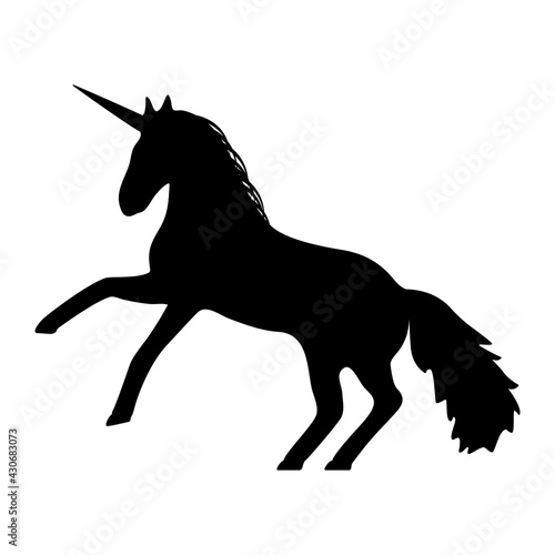 Attacking unicorn silhouette. Black mythical wild horse with magic horn standing on hind legs and ready for sharp vector blow.