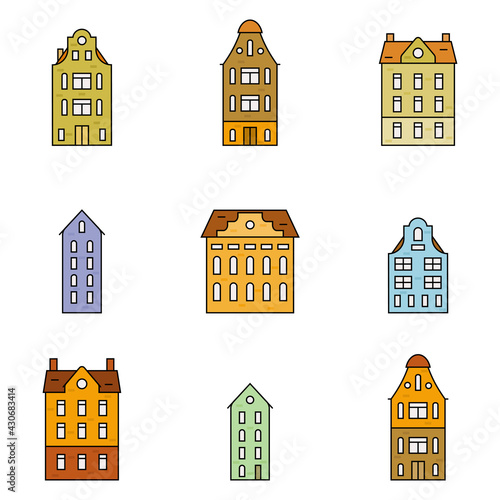 Set of colorful old historical buildings. Simple seamless pattern with european holland houses. Vector illustration in flat style