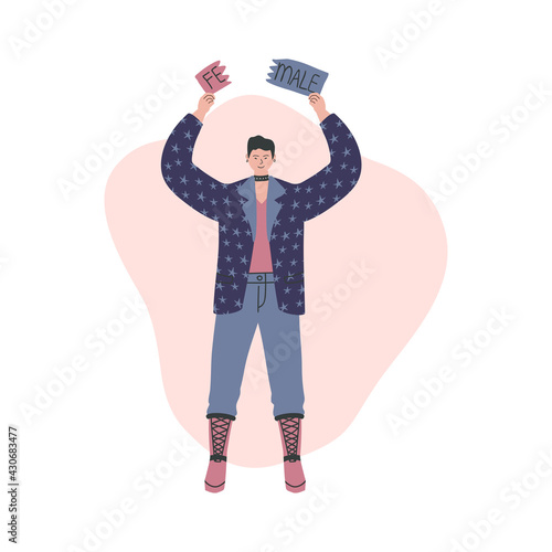 Happy androgynous person tearing the word Female. Gender neutrality, identity, transgender, genderqueer. Pride and freedom concept. Vector hand drawn flat illustration
