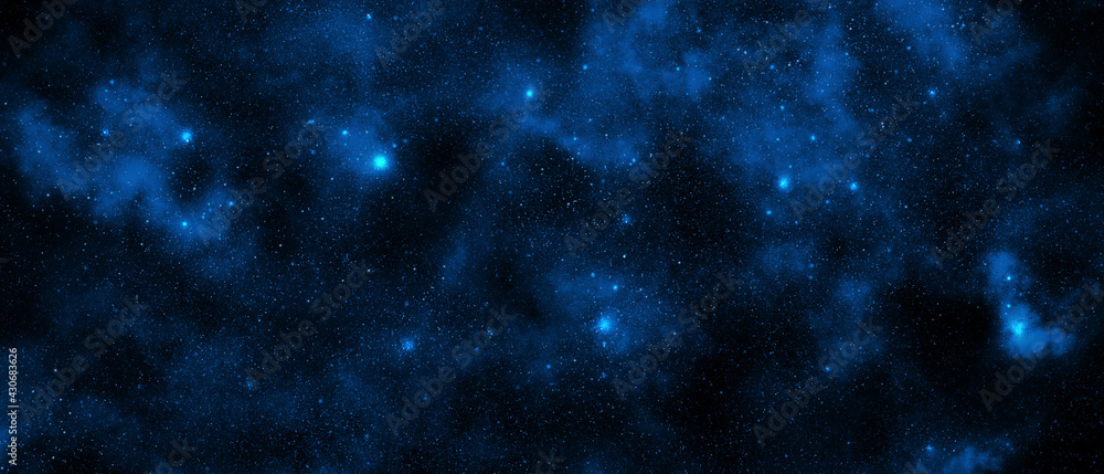 Abstract cosmic blue and black background with stars and nebulae