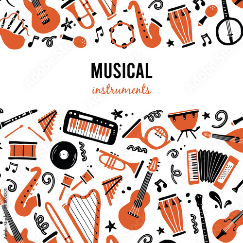 Hand drawn banners template with musical instrument, guitar, saxophone. Doodle sketch style. Vector illustration for music shop, musical instrument banner, music festival flyer, brochure background