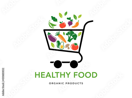 Shopping cart with food icons, cooking logo and branding. Healthy, vegan and vegetarian food concept design