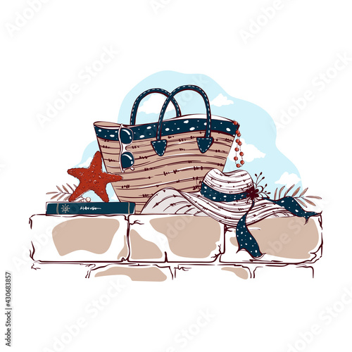 Composition of items of summer vacation at the sea. Beach bag, sunglasses, starfish, book, and straw sun hat. Hand drawn vintage vector travel postcard.