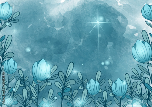 Shining night flowers. Vector floral template with azure night flowers and stars on dark background. Watercolor texture.