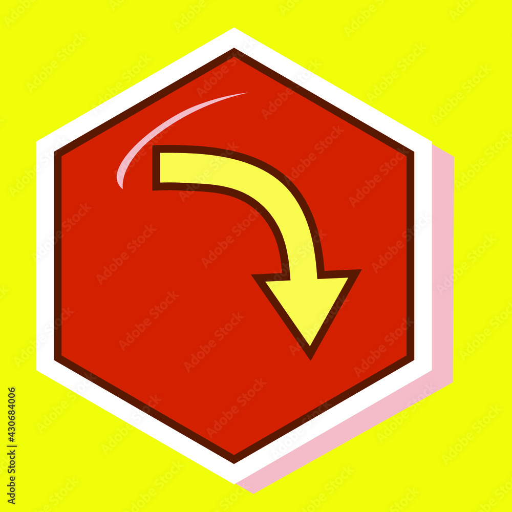 Simple brown stroke curved arrow pointing down on a red hexagon. Royalty-free. Simple brown stroke curved arrow pointing down on a red hexagon. Royalty-free.