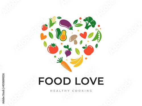 Food love, cooking logo and branding. Healthy, vegan and vegetarian food concept design