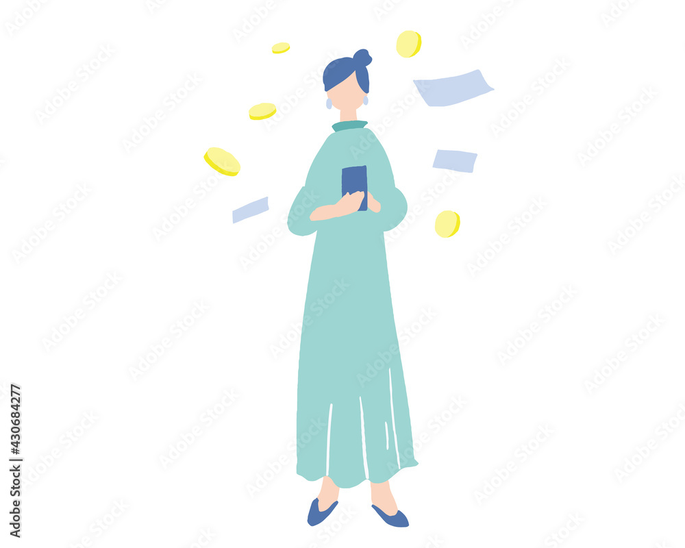スマホを見ながら課金する女性の全身イラスト