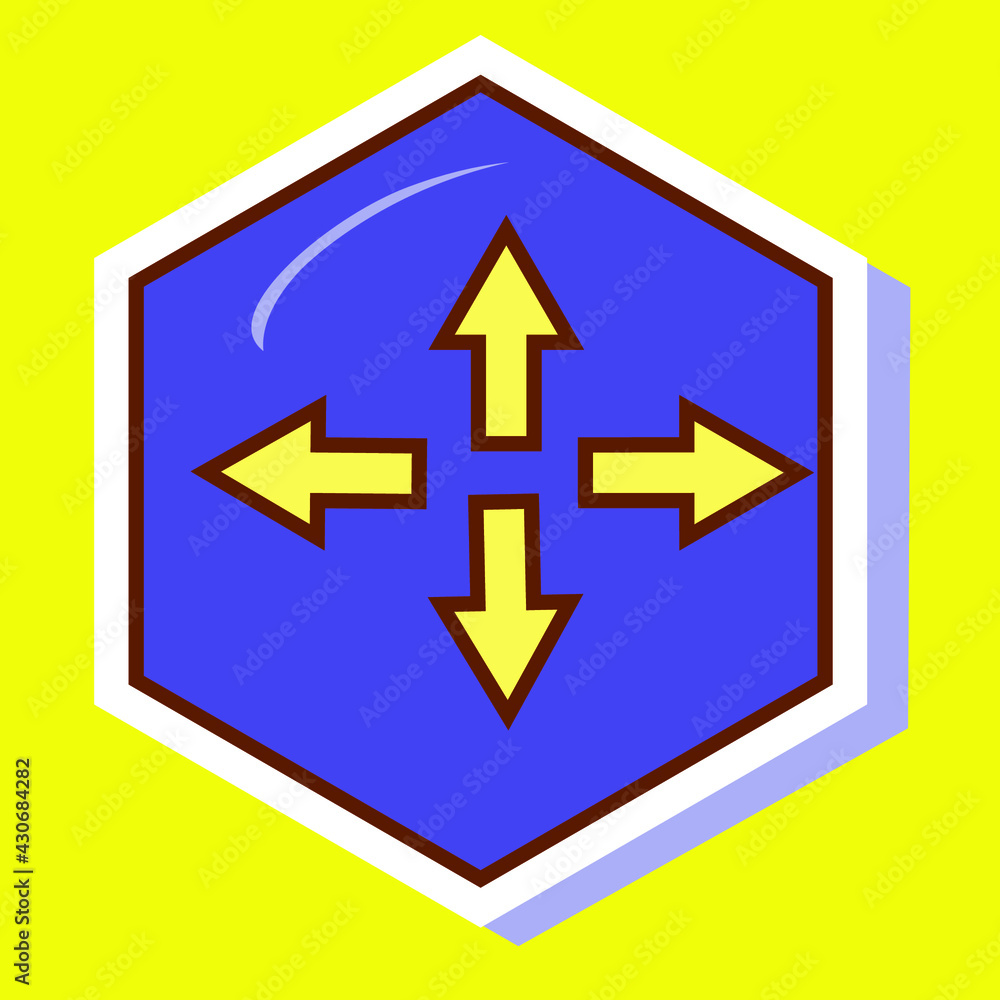 Simple brown stroke arrows pointing in all directions on a purple hexagon. Royalty-free. Simple brown stroke arrows pointing in all directions on a purple hexagon. Royalty-free.