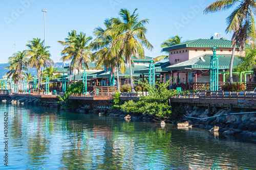 A view of the La Guancha boardwalk from the water.  Ponce, Puerto Rico, USA. photo