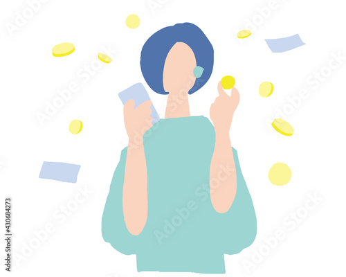 スマホとコインを手に取る女性