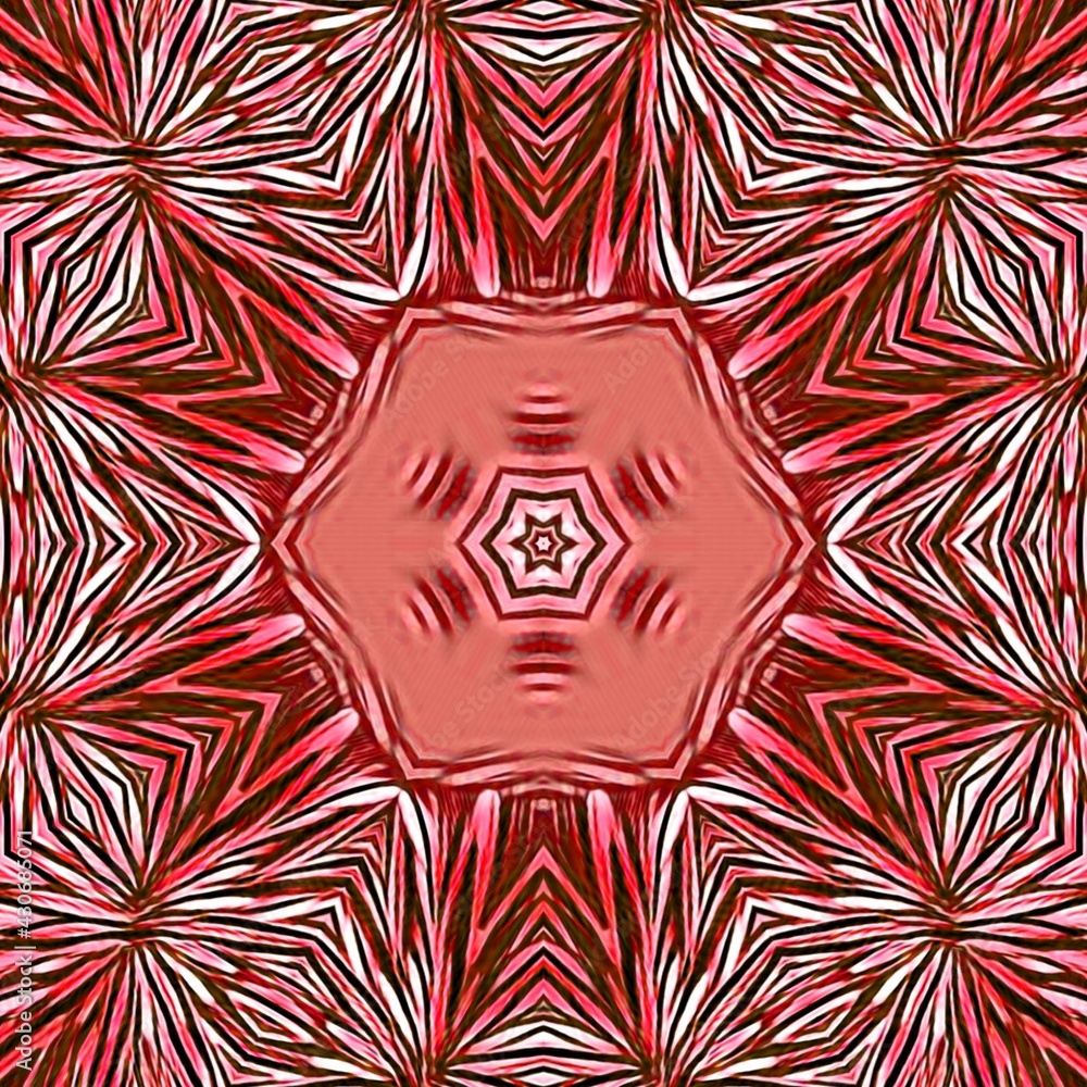 hexagonal floral fantasy pattern and designs in shades of pink and red