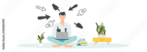 Cyber bullying. Internet abuse or online troll. Social media problem with hater comments concept. Depressed teenager man sitting alone with computer laptop and mouse hand cursors pointing on her.