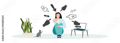 Cyber bullying. Internet abuse or online troll. Social media problem with hater comments concept. Depressed teenager girl sitting alone with computer laptop and mouse hand cursors pointing on her.