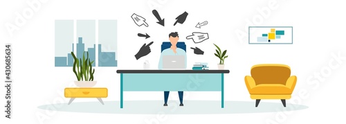 Cyber bullying. Internet abuse or online troll. Social media problem with hater comments concept. Depressed teenager man sitting alone with computer laptop and mouse hand cursors pointing on her.