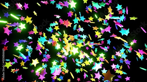 abstract festive background with cloud of light bulbs with star shape flashing neon lights. Multi-colored stars in the air. Amazing beautiful bg. 3d render