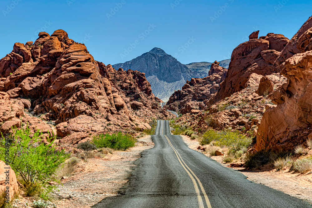 Winding road through the Valley of Fire State Park in southern Nevada near Las Vegas.