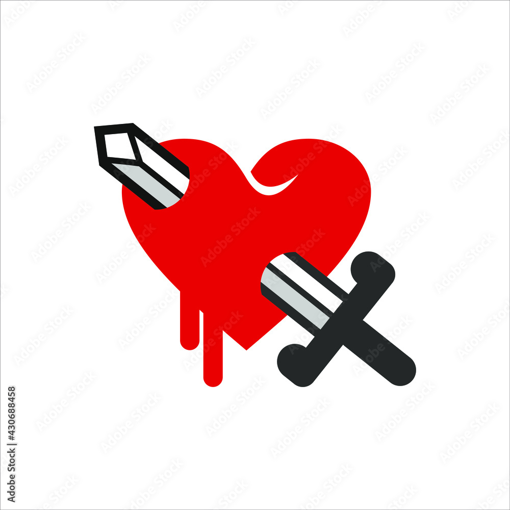Flat illustration of a heart stabbed with a sword for graphic design element template ideas Flat illustration of a heart stabbed with a sword for graphic design element template ideas