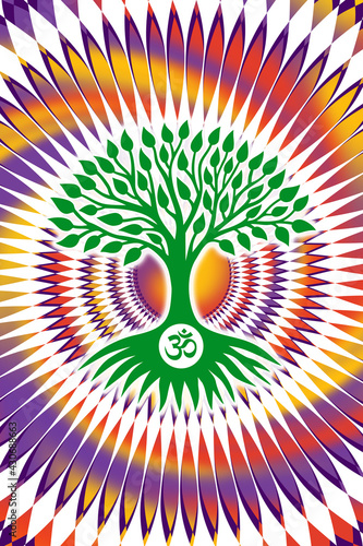 The tree of life in center of openwork mandala with aum om, ohm sign. Spiritual symbol. Pixel art graphics