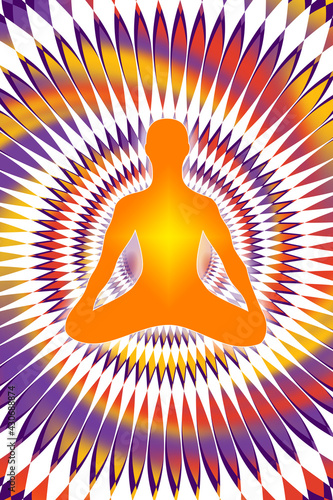 Yogi on lotus pose against the openwork elegant spiritual mandala. Art graphics