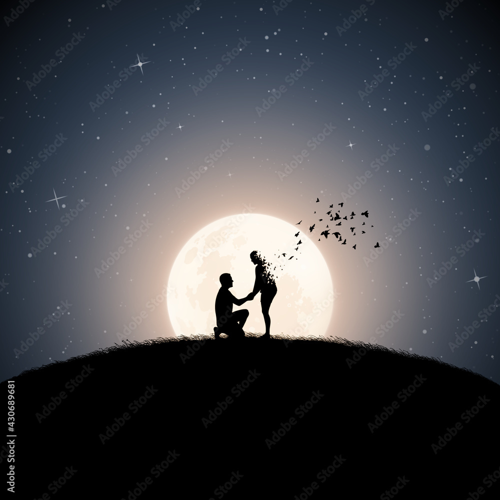 Lovers on moonlight night. Death and afterlife. Full moon silhouette