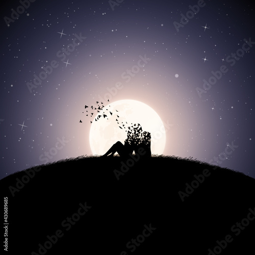 Lovers on moonlight night. Death and afterlife. Full moon silhouette