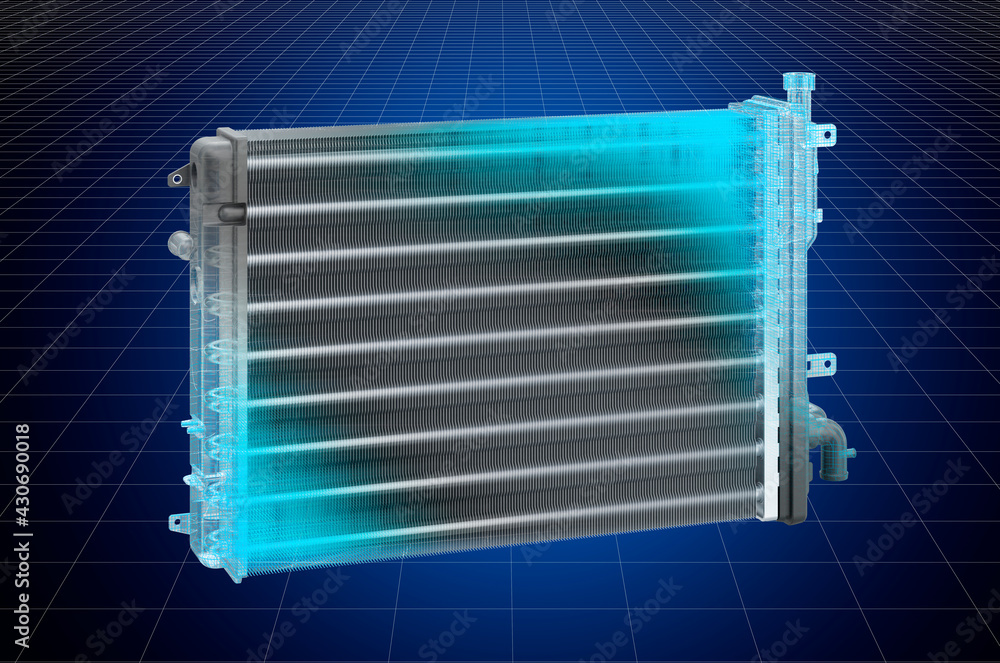Visualization 3d cad model of car radiator, blueprint. 3D rendering