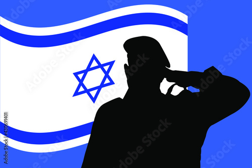 Silhouette of an Israeli soldier in front of the Flag of Israel. Soldier salutes the Flag of Israel, Vector