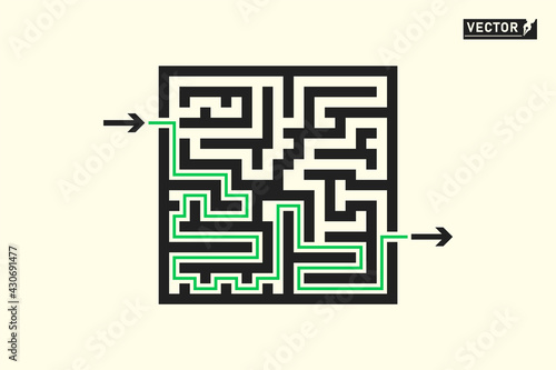 Maze, labyrinth monochrome with the correct path of passage. hint. Children's game, logic. Vector illustration, template.