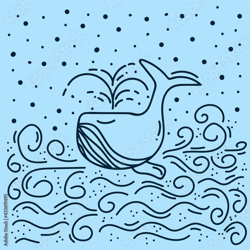 Sea life pattern for poster. Hand-drawn vector background of a sea dweller. Doodle pattern with a whale floating on the waves in a circle of dots. Vector illustration