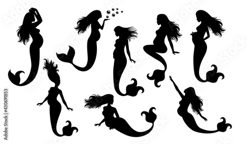 Set of vector silhouettes of pregnant mermaid. 
