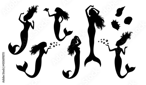 Set of vector silhouettes of pregnant mermaid.