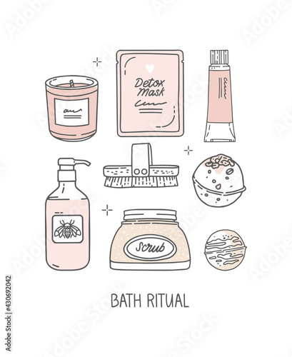 A set of hand-drawn elements, vector. Scented candle, face mask with inscription detox, cream, lotion. Body scrub and dry massage brush, bath bombs. Inscription bath ritual. The skin care, home spa.