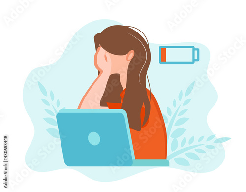 Overworked employee. Professional burnout syndrome exhausted woman tired sitting at her workplace in office holding her head. Flat vector illustration