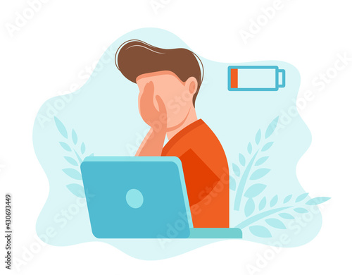 Overworked employee. Professional burnout syndrome exhausted man tired sitting at his workplace in office holding his head. Flat vector illustration