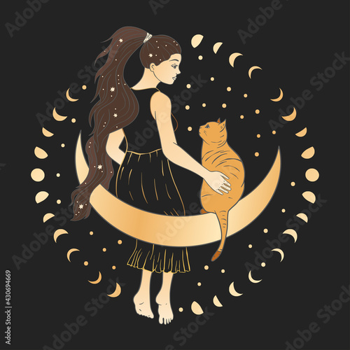 Celestial woman with a cat sacred astrology feminine boho esoteric golden and black black art. Moon and star magic vector.