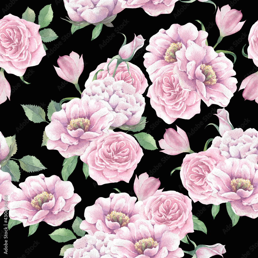Watercolor seamless pattern with flowers on a black background for decor, prints, wallpapers.