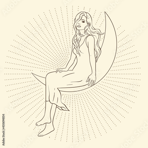 Card astrology woman poster. Celestial sacred boho lady line art. Esoteric linear moon star magic beautiful vector.