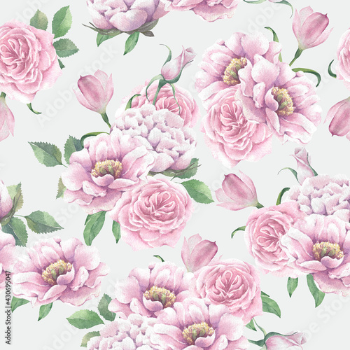 Watercolor seamless pattern with flowers on a white background for decor, prints, wallpapers.