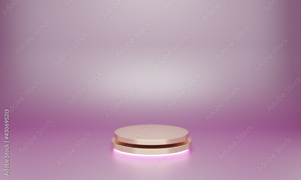 Minimal Studio with geometric shapes, podium on the floor. Platforms for product presentation, mock up background. Abstract composition in minimal design, pink pastel and gold colors, 3D illustration. Minimal Studio with geometric shapes, podium on the floor. Platforms for product presentation, mock up background. Abstract composition in minimal design, pink pastel and gold colors, 3D illustration.