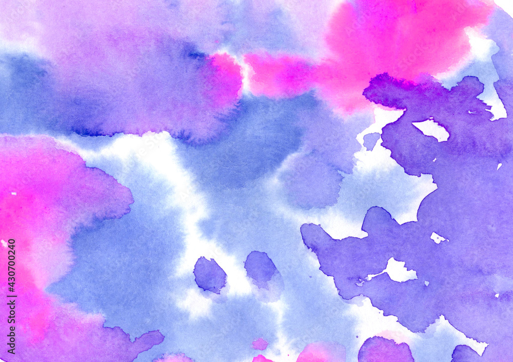 Watercolor paint abstract background. Pink, blue and violet spot texture. Backdrop of spots for packaging and web