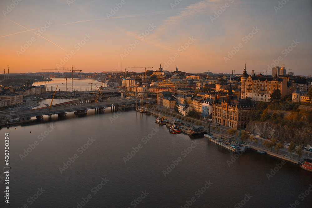 Stockholm, SWEDEN - June 21, 2019.Aerial view over Stockholm skyline in sunrise. High quality photo
